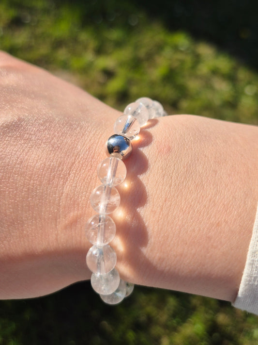 Nahle® 8mm Naturstein-Armband Bergkristall Naturstein mit 925 Silberperle