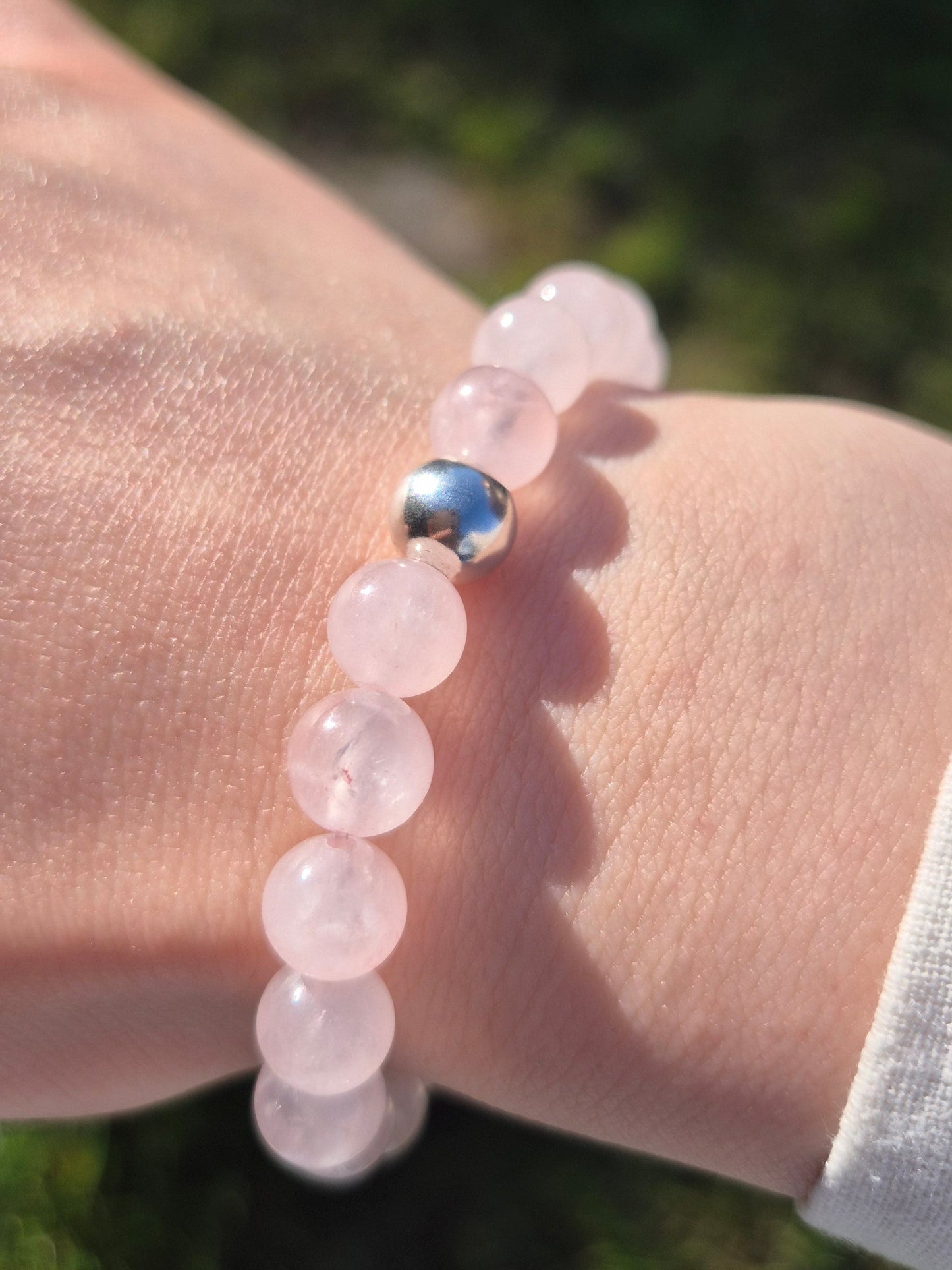 Nahle® 8mm Naturstein-Armband Rosenquarz mit 925 Silberperle