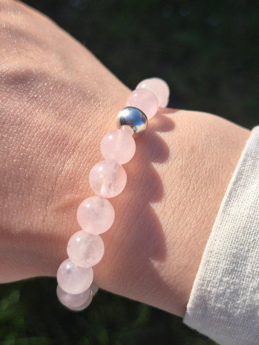 Nahle® 8mm Naturstein-Armband Rosenquarz mit 925 Silberperle