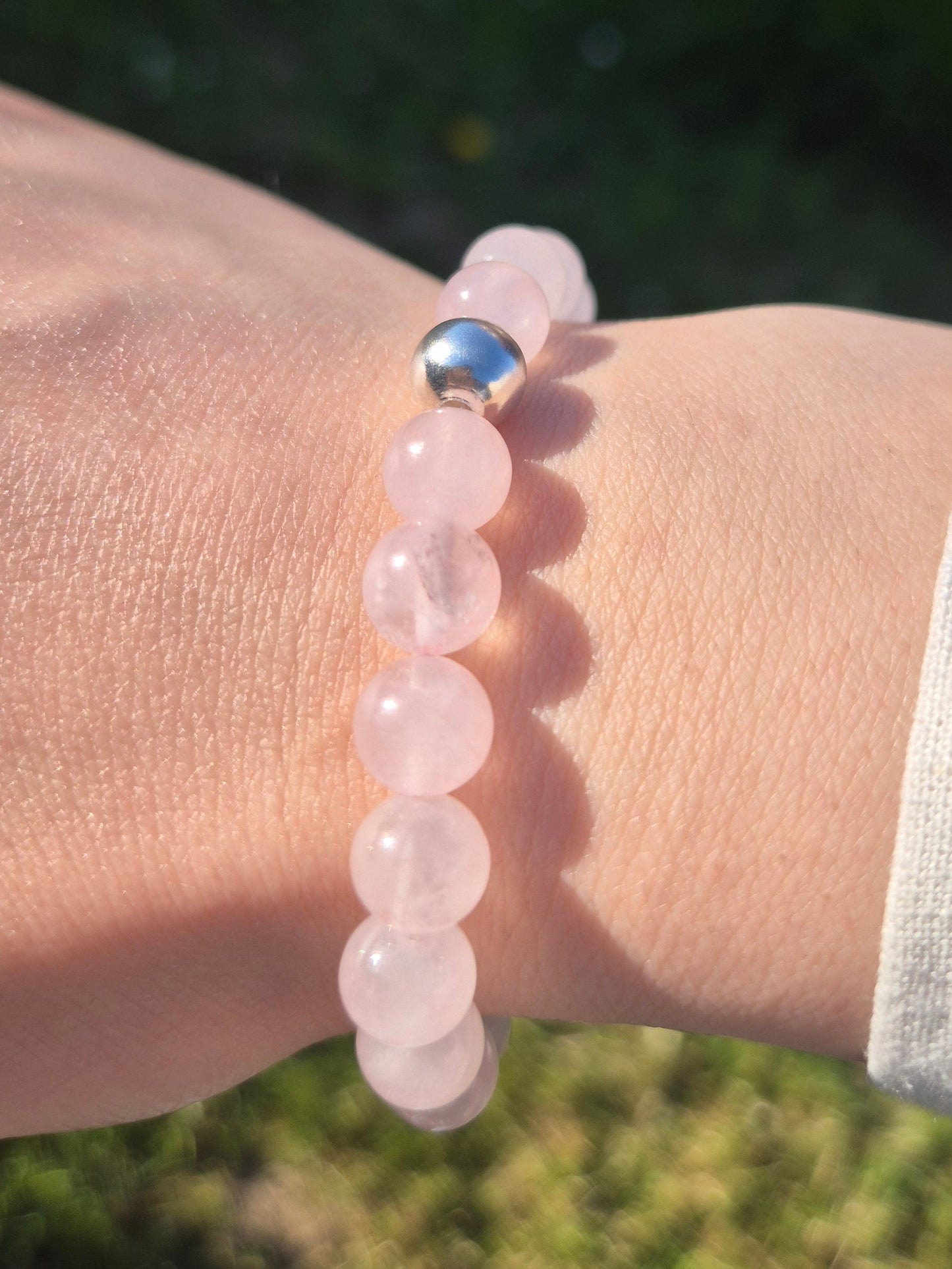 Nahle® 8mm Naturstein-Armband Rosenquarz mit 925 Silberperle