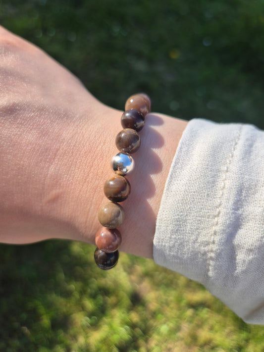 Nahle® 8mm Versteinertes Holz Naturstein-Armband 925 Silberperle