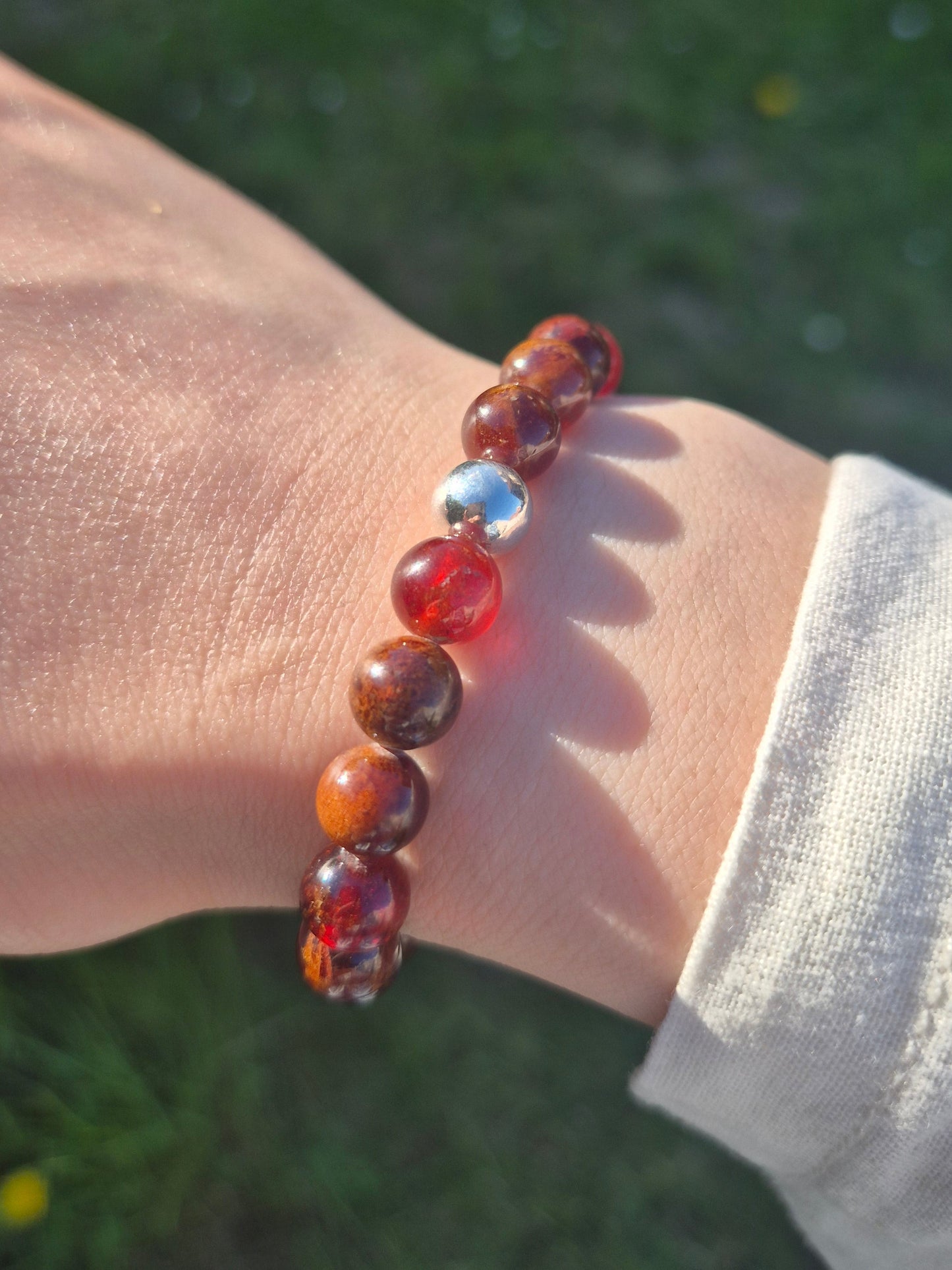 Nahle® 8mm Orange-Granat Naturstein-Armband 925 Silberperle