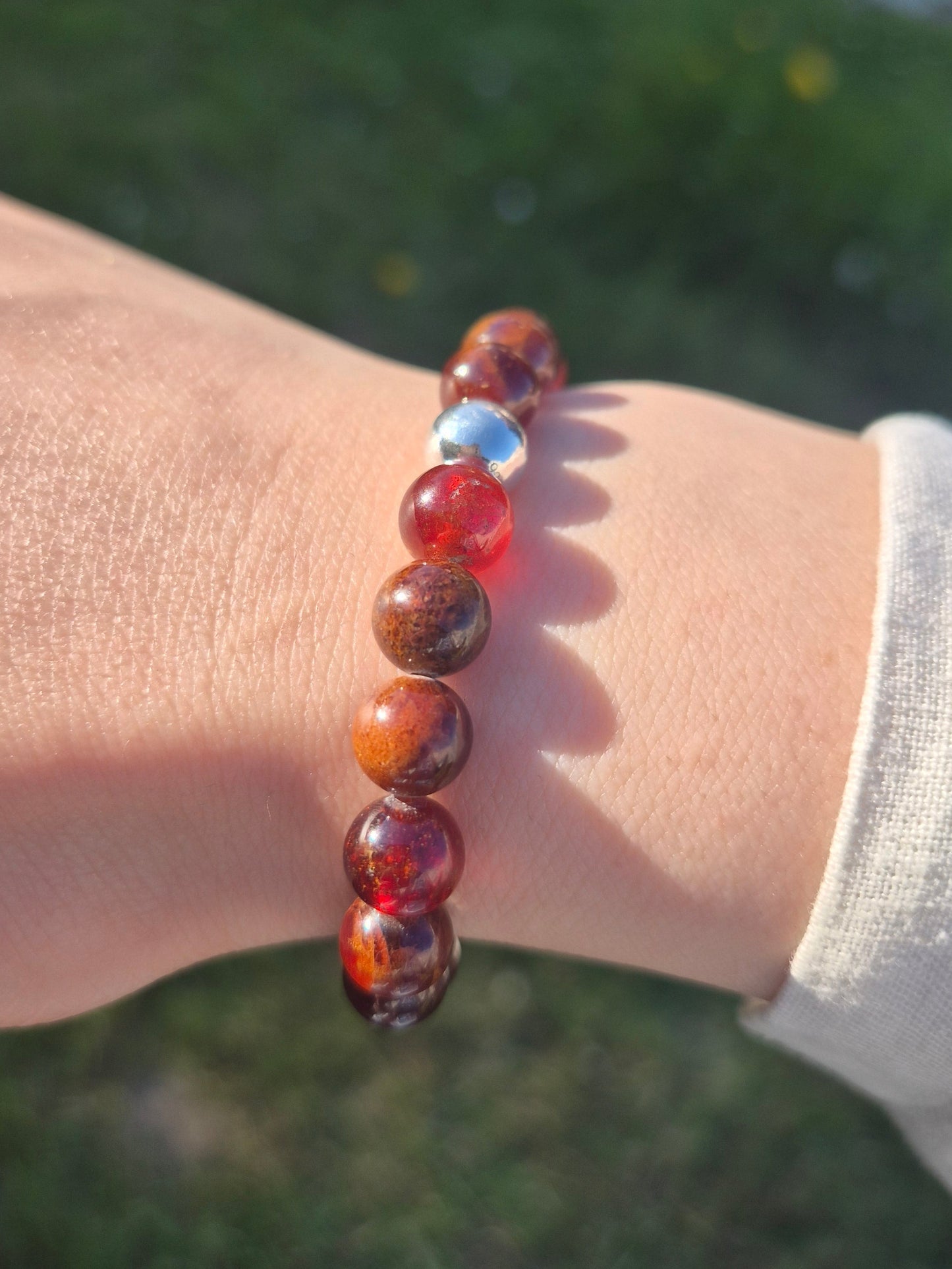 Nahle® 8mm Orange-Granat Naturstein-Armband 925 Silberperle