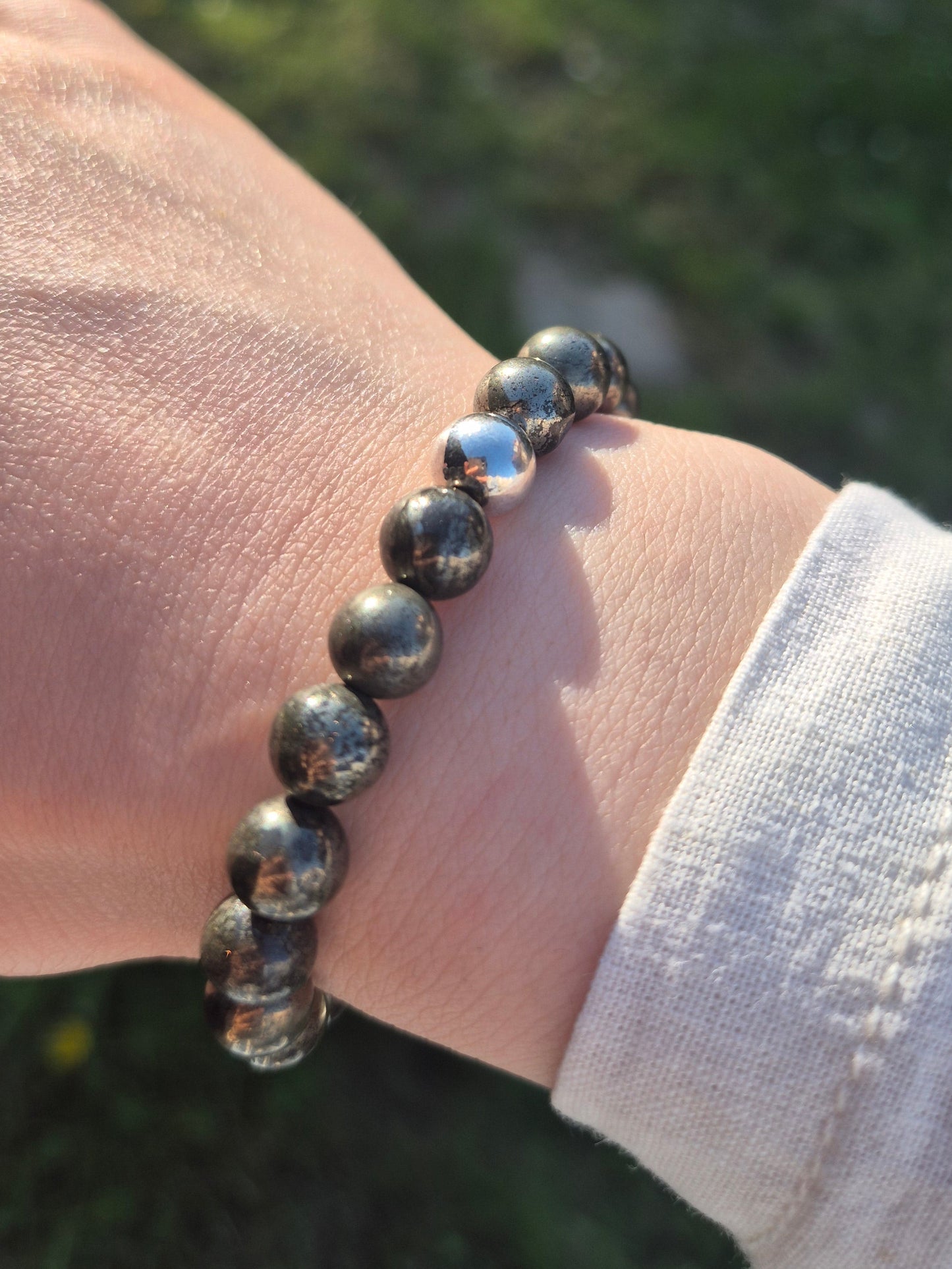 Nahle® 8mm Naturstein-Armband Pyrit Naturstein mit 925 Silberperle