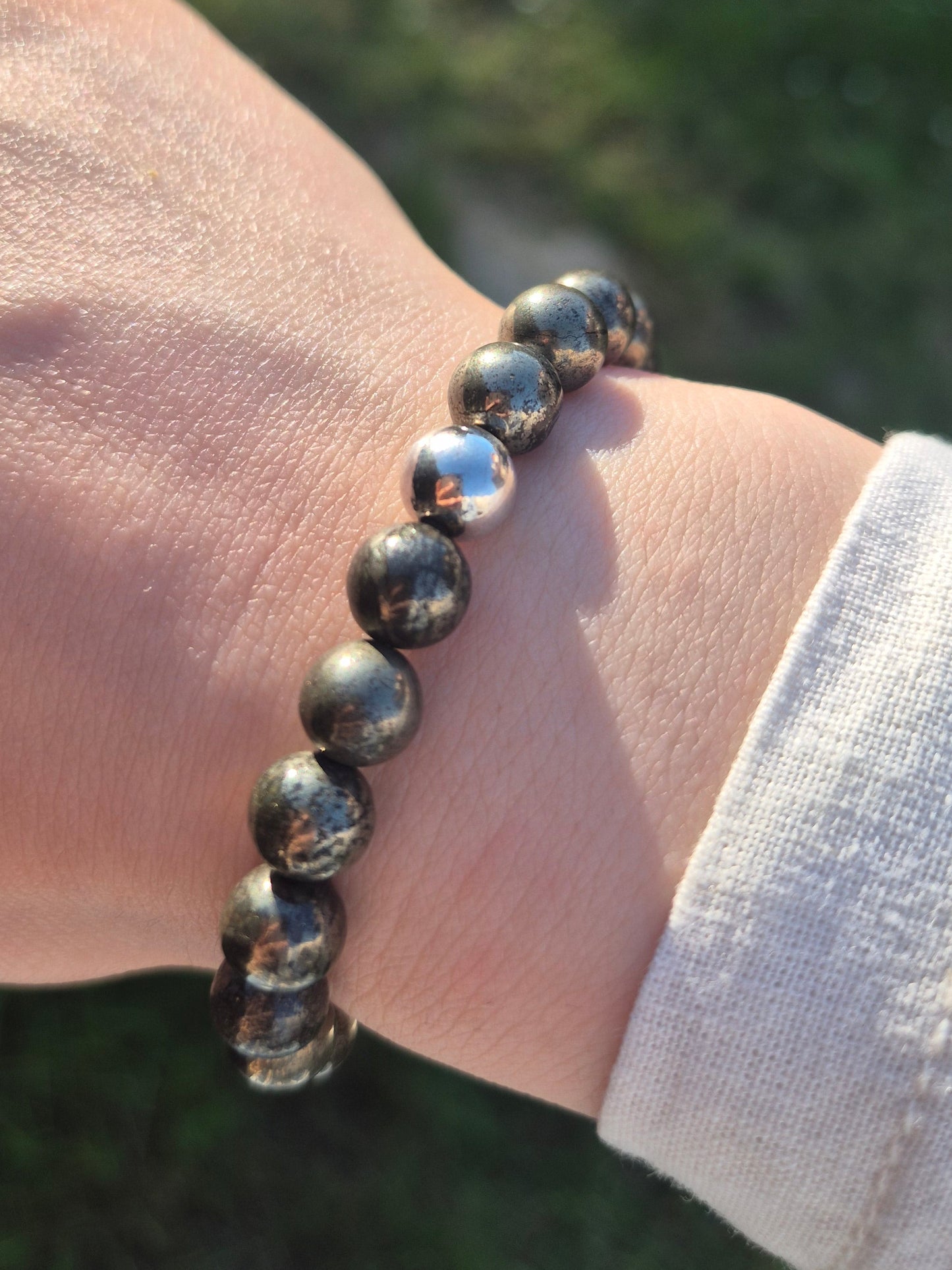 Nahle® 8mm Naturstein-Armband Pyrit Naturstein mit 925 Silberperle