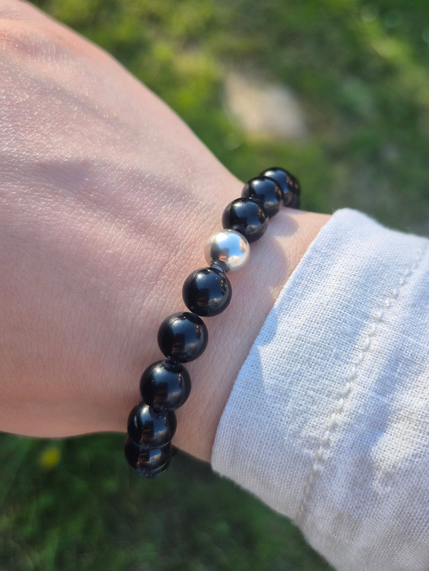 Nahle® 8mm Naturstein-Armband Turmalin Naturstein mit 925 Silberperle