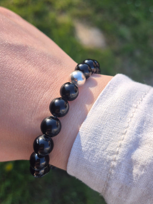 Nahle® 8mm Naturstein-Armband Turmalin Naturstein mit 925 Silberperle