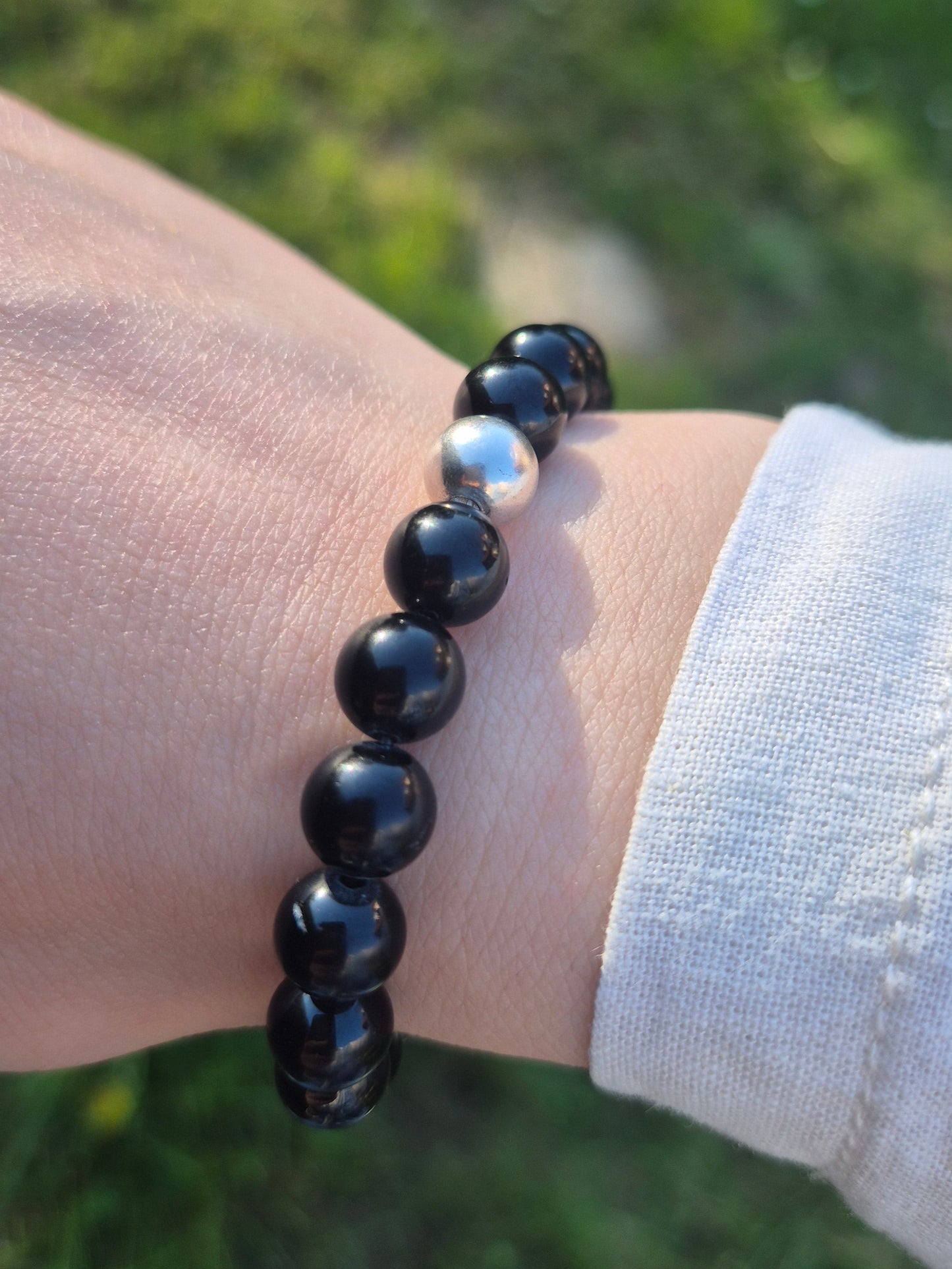Nahle® 8mm Naturstein-Armband Turmalin Naturstein mit 925 Silberperle