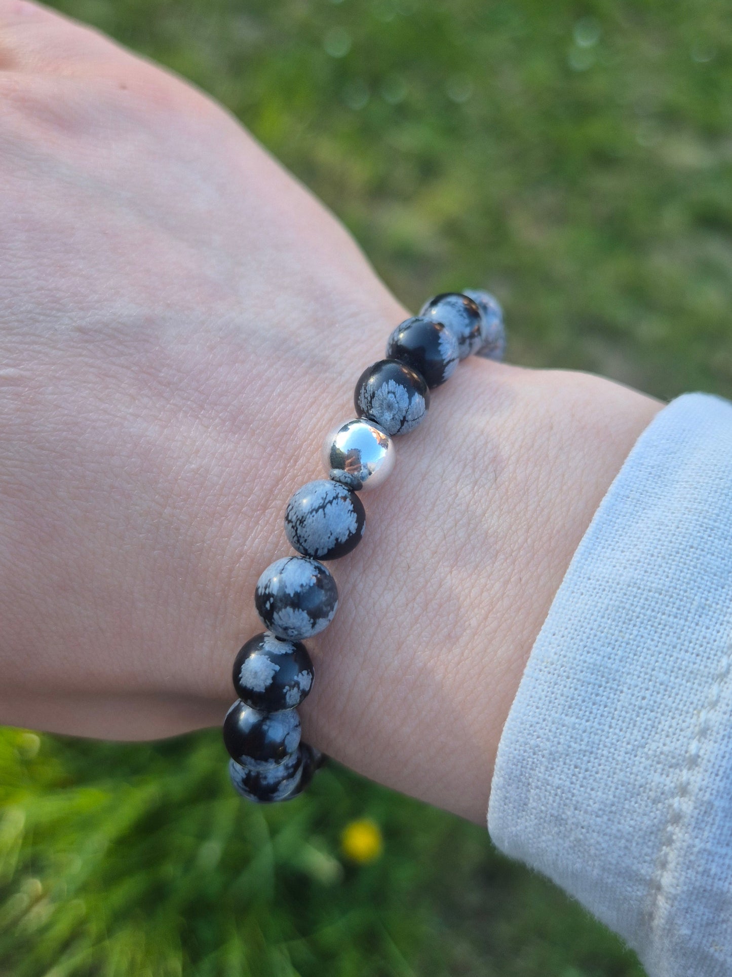 Nahle® 8mm Schneeflocken-Obsidian Naturstein-Armband 925 Silberperle