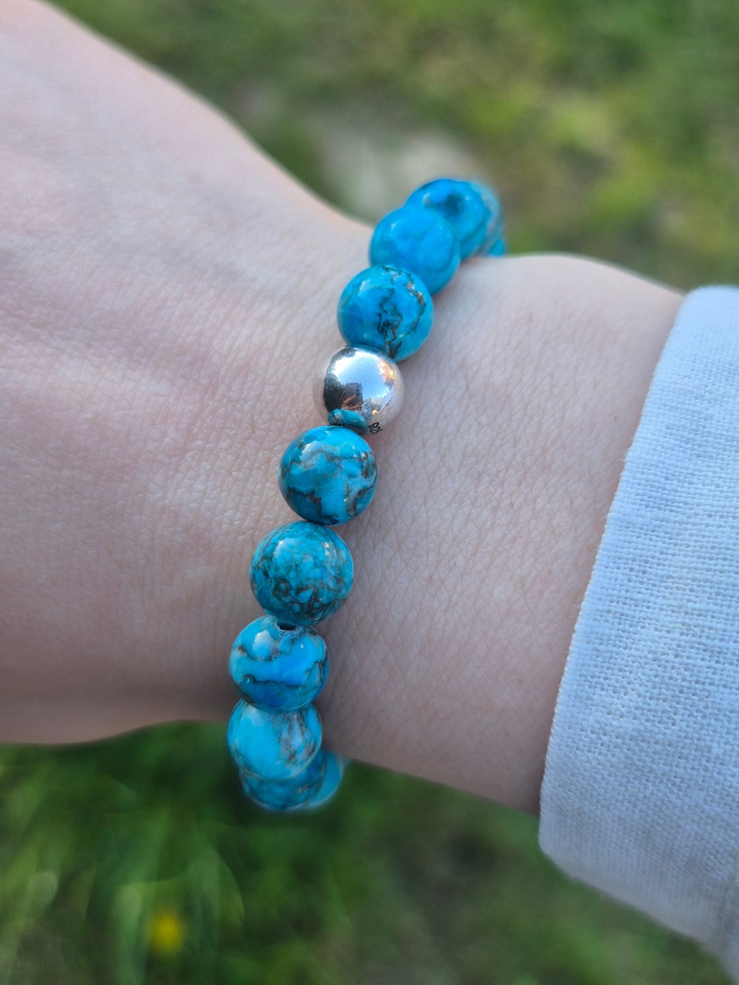 Nahle® 8mm Naturstein-Armband Türkis Naturstein mit 925 Silberperle
