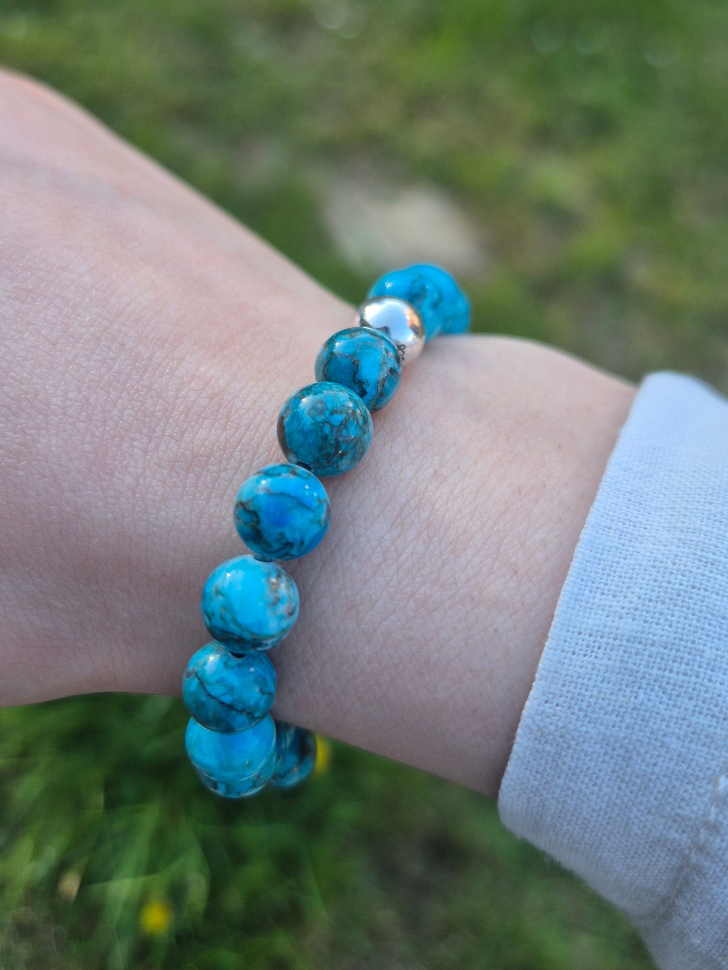 Nahle® 8mm Naturstein-Armband Türkis Naturstein mit 925 Silberperle