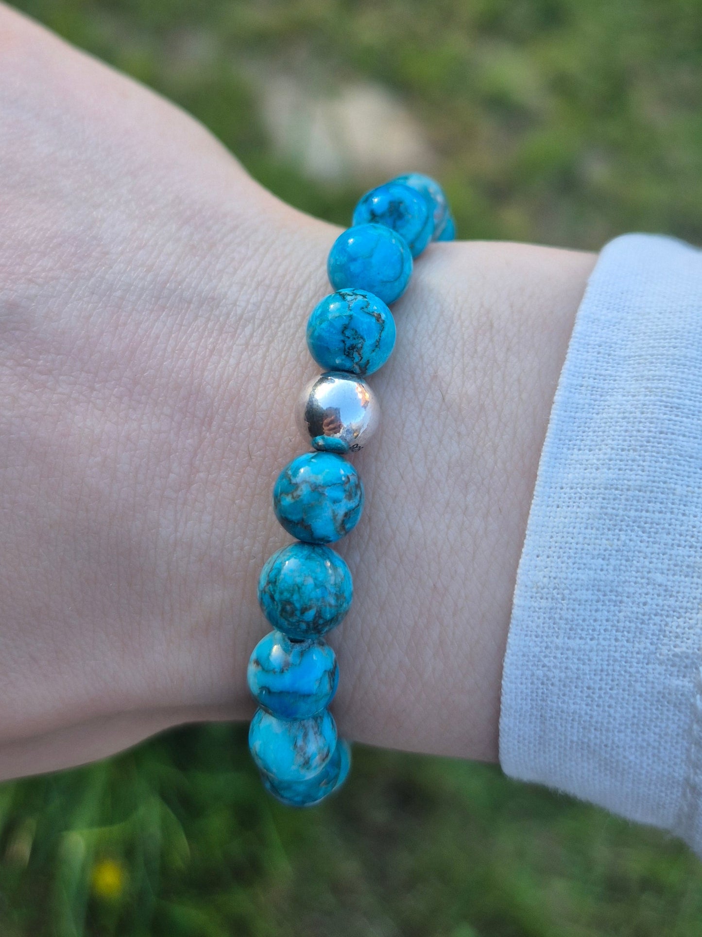 Nahle® 8mm Naturstein-Armband Türkis Naturstein mit 925 Silberperle