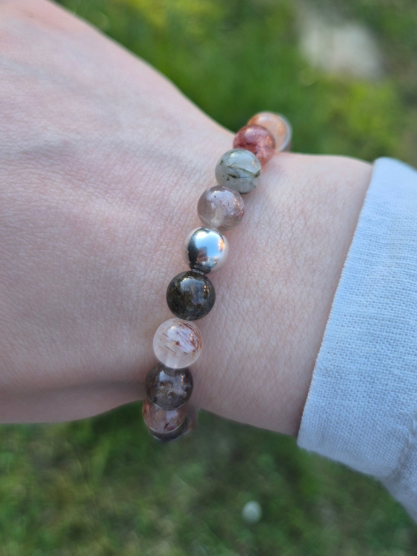 Nahle® 8mm Natürlicher rot-grüner Rutilquarz Naturstein-Armband 925 Silberperle