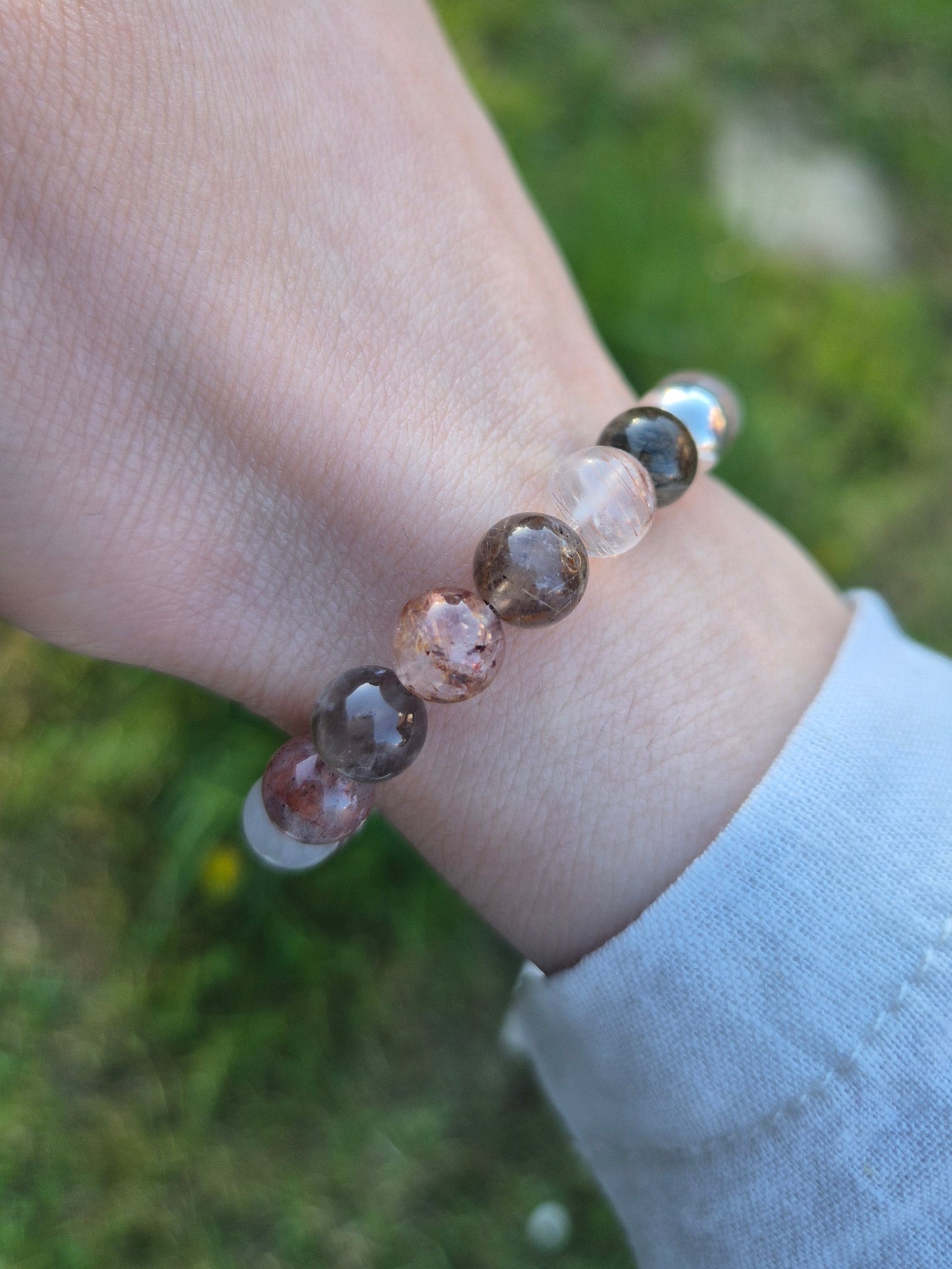 Nahle® 8mm Natürlicher rot-grüner Rutilquarz Naturstein-Armband 925 Silberperle