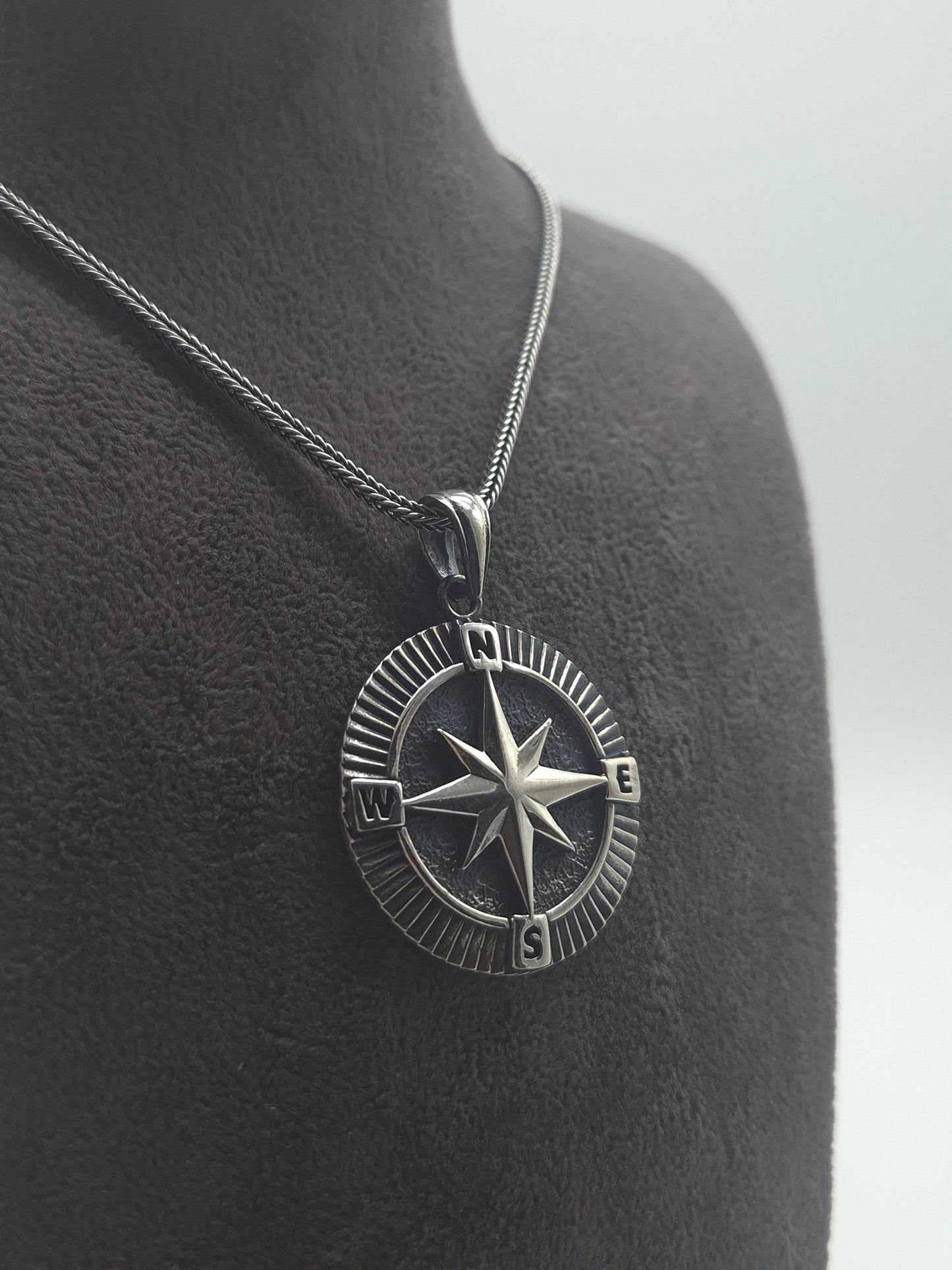 Silber 925 Kompassanhänger -Panzerkette-Fuchsschwanzkette