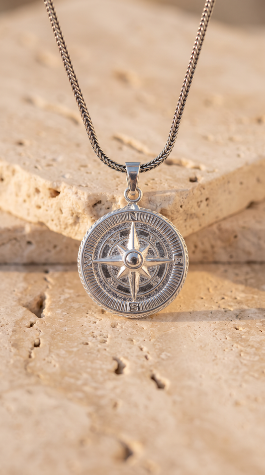 Silber 925 Kompassanhänger -Panzerkette-Fuchsschwanzkette