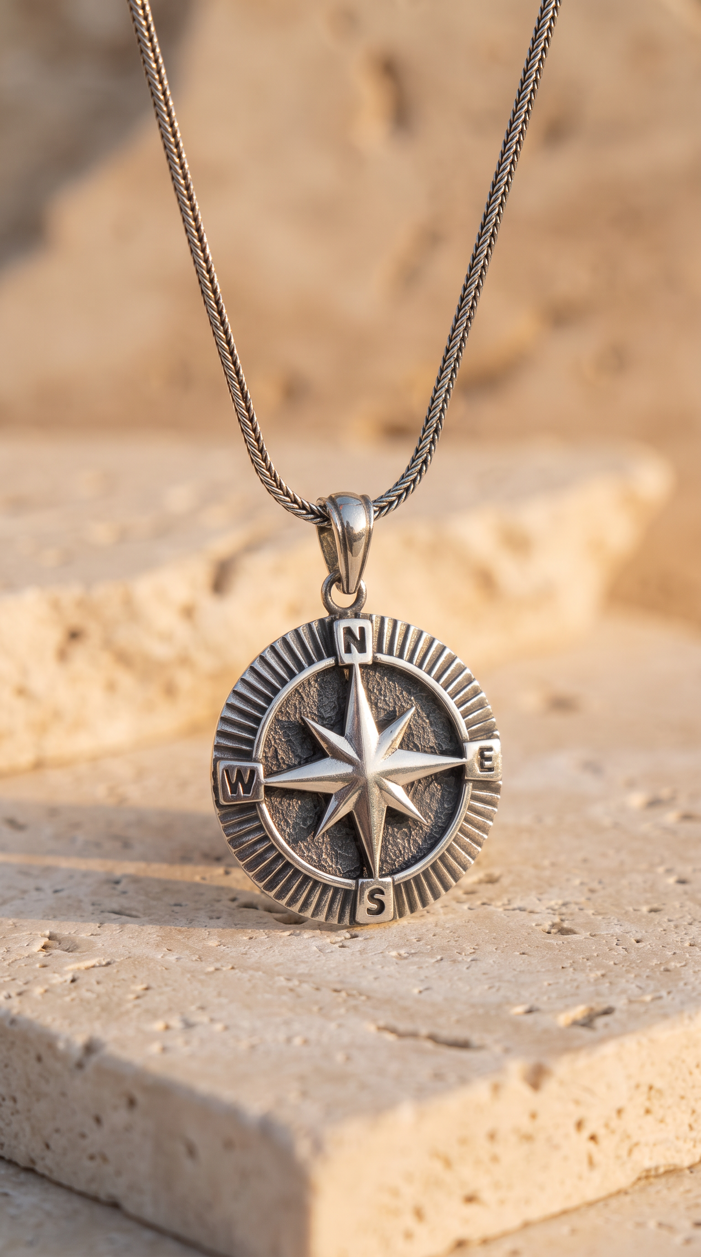 Silber 925 Kompassanhänger -Panzerkette-Fuchsschwanzkette